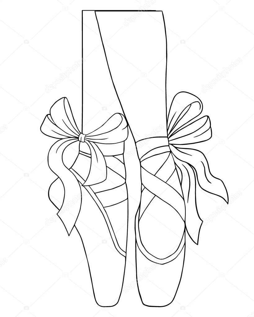Vector coloring book for adults. Legs of a ballerina in pointe shoes