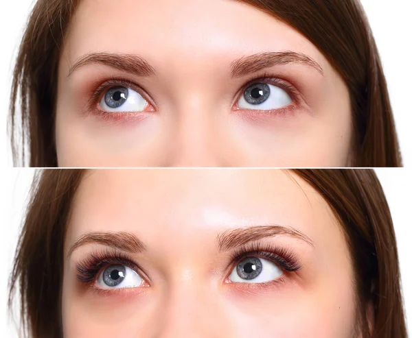 Extensión de pestañas. Comparación de los ojos femeninos antes y después. — Foto de Stock