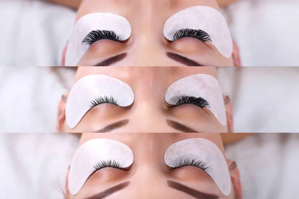 Eyelash Extension. Comparison of female eyes before and after. — Stock Photo, Image