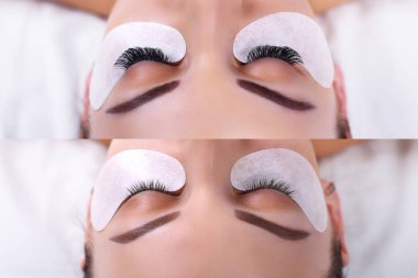 Kirpik uzatma yordamı. Kadın gözleri önce ve sonra.