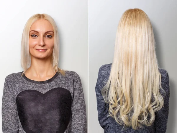 Procedimiento de extensiones de cabello. Cabello antes y después . —  Fotos de Stock