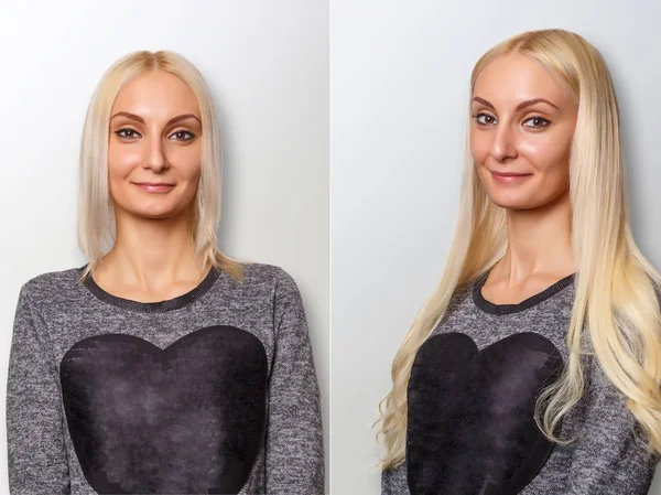 Procedimento de extensões de cabelo. Cabelo antes e depois . — Fotografia de Stock