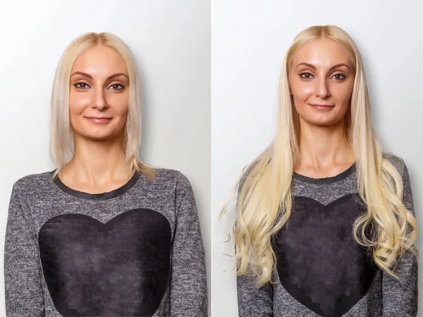 Procedimento de extensões de cabelo. Cabelo antes e depois . — Fotografia de Stock