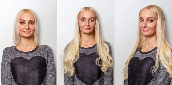 Procédure d'extension de cheveux. Cheveux avant et après . — Photo