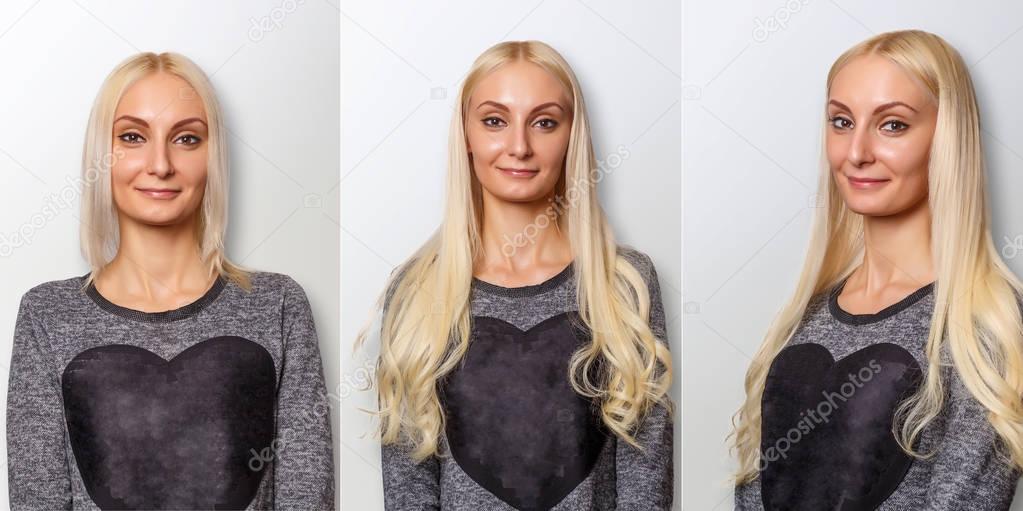 Hair extensions procedure. Hair before and after.