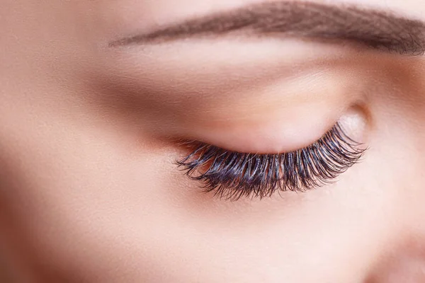 Eyelash Extension Procedure. Woman Eye with Long Eyelashes. Lashes, close up, macro, selective focus. — Stock Photo, Image