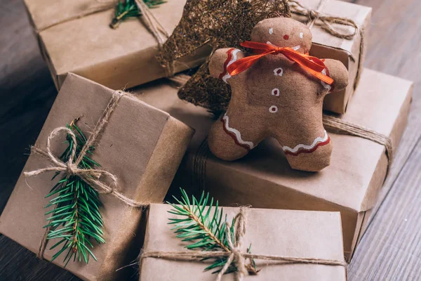 Christmas Gifts with Boxes on Wooden Background. Vintage Style. Closeup, selective focus. — Stock Photo, Image