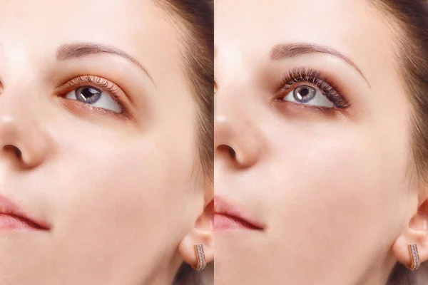 Wimpernverlängerung. Vergleich der weiblichen Augen vorher und nachher. — Stockfoto