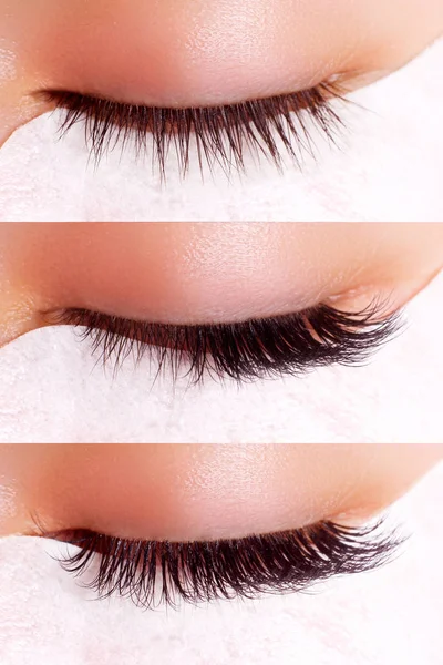 Eyelash Extension Procedure. Comparison of female eyes before and after.