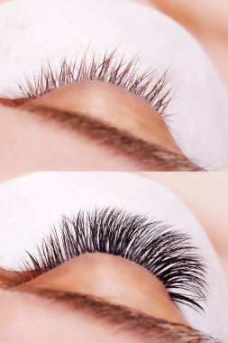 Kirpik uzatma yordamı. Kadın gözleri önce ve sonra karşılaştırılması.