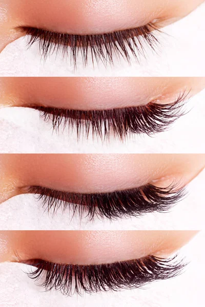 Eyelash Extension Procedure. Comparison of female eyes before and after. — Stock Photo, Image