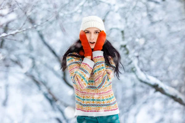 Zimní portrét mladé ženy. Krásy radostné Model dívka smíchem a zábava v zimě parku. Krásná mladá žena venku. Požívající příroda, zima — Stock fotografie