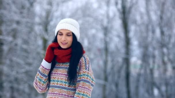 Téli fiatal nő portréja. Szépség örömteli modell lány nevetve és a szórakozás a téli park. Gyönyörű fiatal nő szabadban. Élvezi természet, télen — Stock videók