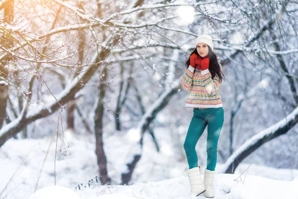 Зимний портрет молодой женщины. Красавица Радостная девушка-модель смеется и веселится в зимнем парке. Красивая молодая женщина на улице. Наслаждаясь природой, зимой — стоковое фото