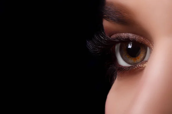 Eyelash Extension Procedure. Woman Eye with Long Eyelashes after Extension Procedure. White eyelashes. Dark background. Makeup. Close up, selective focus.