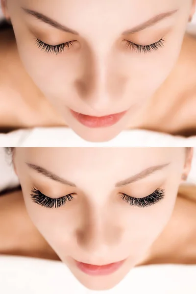 Eyelash Extension. Comparison of female eyes before and after. — Stock Photo, Image