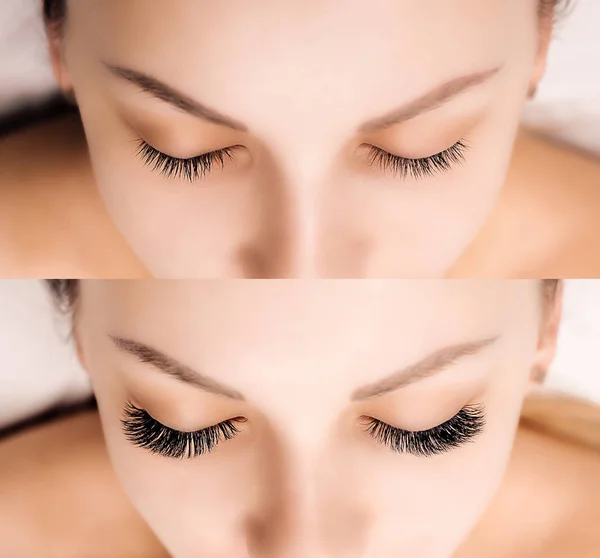 Kirpik Uzantısı. Öncesinde ve sonrasında kadın gözlerinin karşılaştırılması.