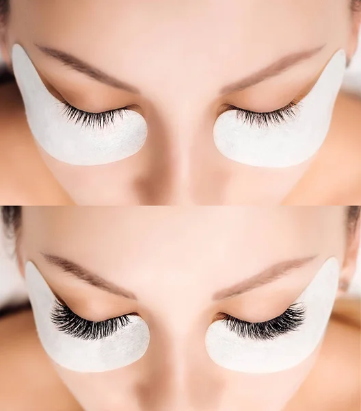 Eyelash Extension. Comparison of female eyes before and after. — Stock Photo, Image