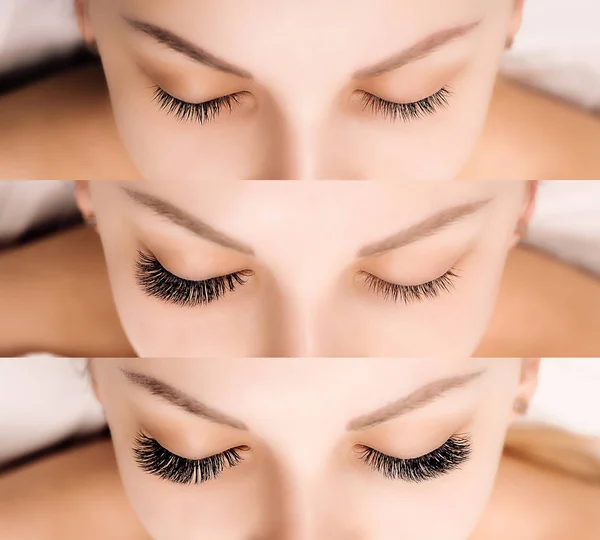 Eyelash extensie. Vergelijking van vrouwelijke ogen voor en na. — Stockfoto