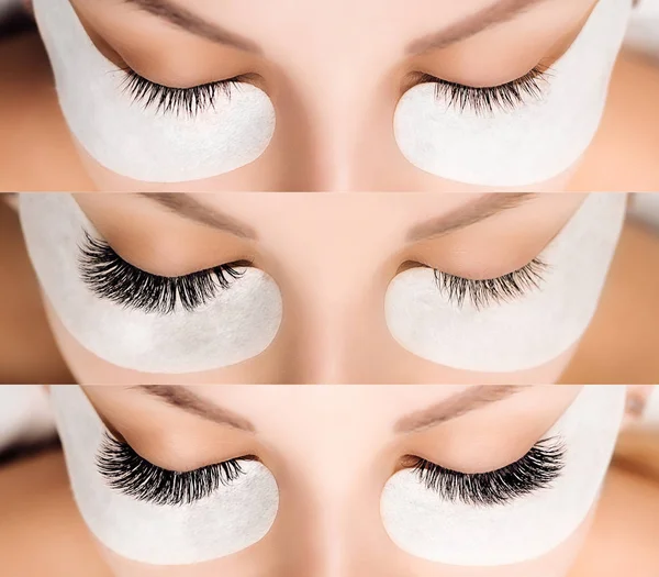 Eyelash extensie. Vergelijking van vrouwelijke ogen voor en na. — Stockfoto