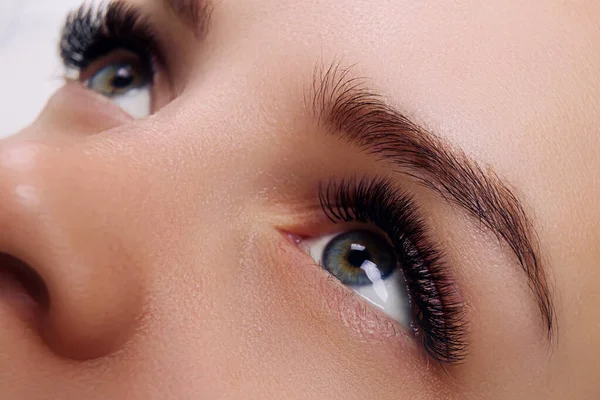Procedimento de extensão das pestanas. Olho de mulher com pestanas azuis longas. Efeito Ombre. Close up, foco seletivo . — Fotografia de Stock