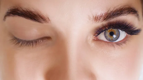 Procedimento de extensão das pestanas. Olho de mulher com pestanas azuis longas. Efeito Ombre. Close up, foco seletivo . — Fotografia de Stock