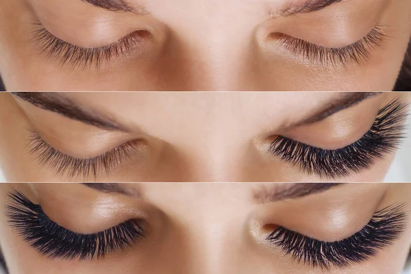 Eyelash Extension. Comparison of female eyes before and after. — Stock Photo, Image