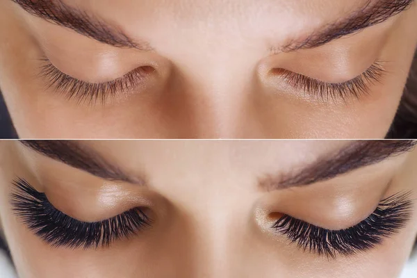 Wimpernverlängerung. Vergleich der weiblichen Augen davor und danach. — Stockfoto