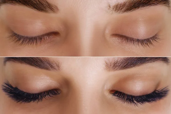 Wimpernverlängerung. Vergleich der weiblichen Augen davor und danach. — Stockfoto
