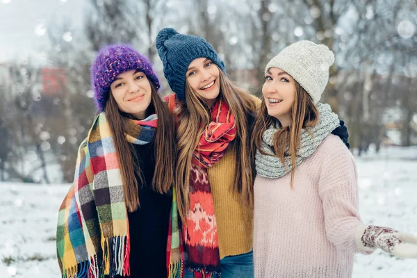 Drei Freundinnen in Strickmützen amüsieren sich bei schneereicher Kälte. Gruppe junger Freundinnen im Winterpark. — Stockfoto