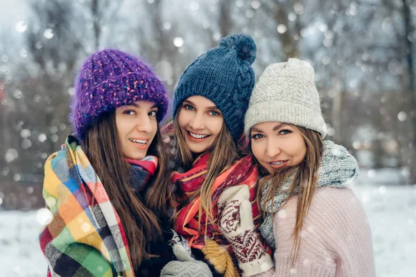 Drei Freundinnen in Strickmützen amüsieren sich bei schneereicher Kälte. Gruppe junger Freundinnen im Winterpark. — Stockfoto