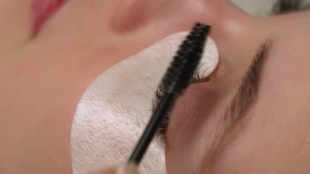 Eyelash Extension Procedure. Woman Eye with Long Blue Eyelashes. Ombre effect. Close up, selective focus. — Stock Video