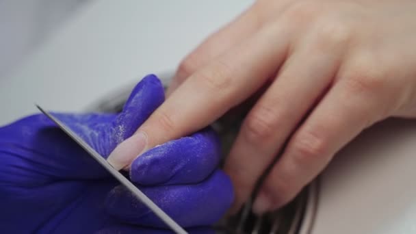 Kvinna i salong som får manikyr av en kosmetolog med nagelfil. Kvinnan får nagelmanikyr. Beautician fila naglar till en kund. Manikyrprocessen i en skönhetssalong. — Stockvideo