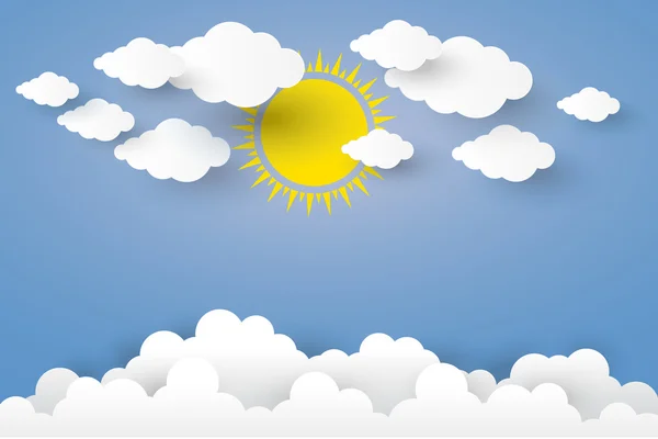 Il sole e la nube nel cielo blu Carta arte Style.vector Illusatrat — Vettoriale Stock