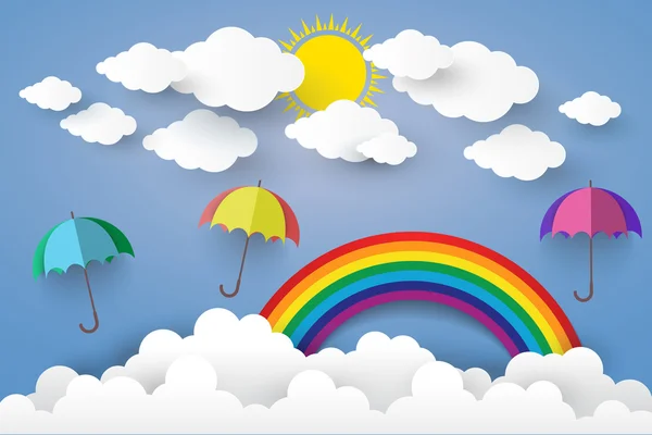 Ombrello a colori con arte Cloud Paper Style.vector Illusatra — Vettoriale Stock
