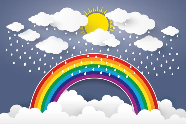 Moln på blå himmel med regn och Rainbow papper konst Style.vector jag — Stock vektor