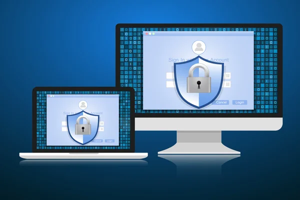 El concepto es seguridad de datos. Escudo en la computadora o Labtop proteger s — Vector de stock