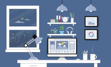 Resepsiyon bilgisayar kümesi, belgeler ve ileti örneği ile. İş yeri için 