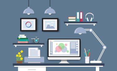 Bilgisayar kümesi, belgeler ve ileti örneği ile modern Masası. Workpla