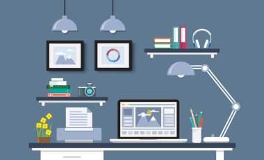 Bilgisayar kümesi, belgeler ve ileti örneği ile modern Masası. Workpla