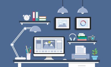 Bilgisayar kümesi, belgeler ve ileti örneği ile modern Masası. Workpla