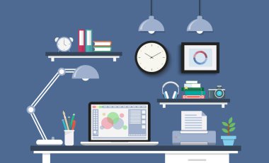 Bilgisayar kümesi, belgeler ve ileti örneği ile modern Masası. Workpla