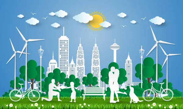 แนวคิดของเมืองไปสีเขียวแนวคิดกรีนซิตี้ เวกเตอร์ อิลลูมิเนชั่น — ภาพเวกเตอร์สต็อก