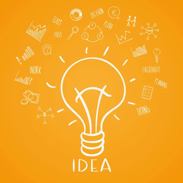 Light bulb sketch with concept of idea. Doodle hand drawn sign. — Stock Vector