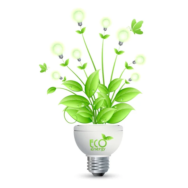 ECO Projeto de energia com árvore crescendo de bulbs.vector ilusstrati — Vetor de Stock