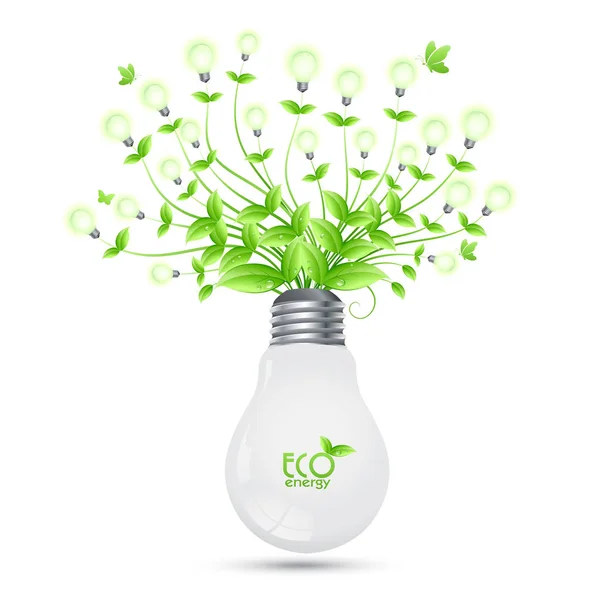 ECO Projeto de energia com árvore crescendo de bulbs.vector ilusstrati — Vetor de Stock