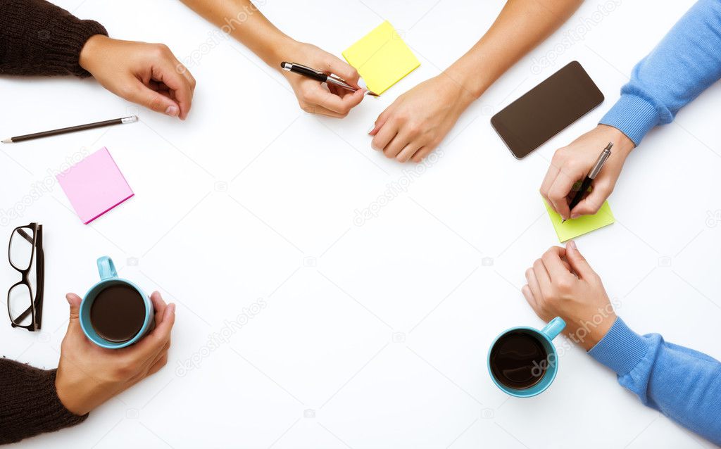 Group of people hands table work space concept