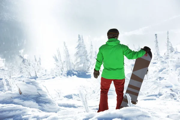 Snowboarder se encuentra top snowboard de montaña — Foto de Stock