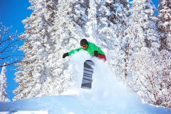 Freeride snowboardos ugrás por snowboard — Stock Fotó