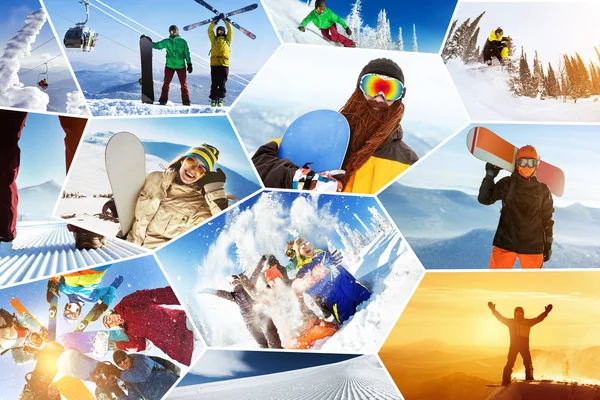 Foto collage wintersport ski snowboarden — Stockfoto